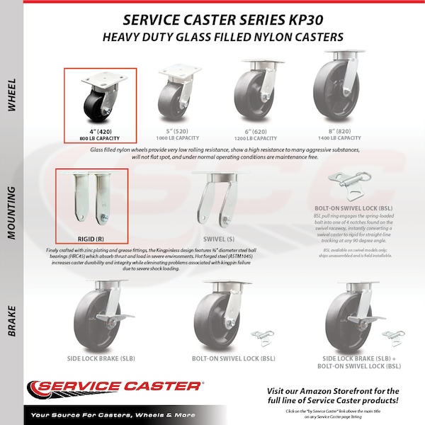 Service Caster 4 Inch Glass Filled Nylon Caster Set with 2 Brakes/Swivel Lock 2 Rigid SCC SCC-30CS420-GFNB-TLB-BSL-2-R-2 - main